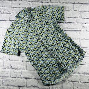 Zara Mens Slim Fit Short Sleeve Elephant Print Button Down Shirt White Blue S